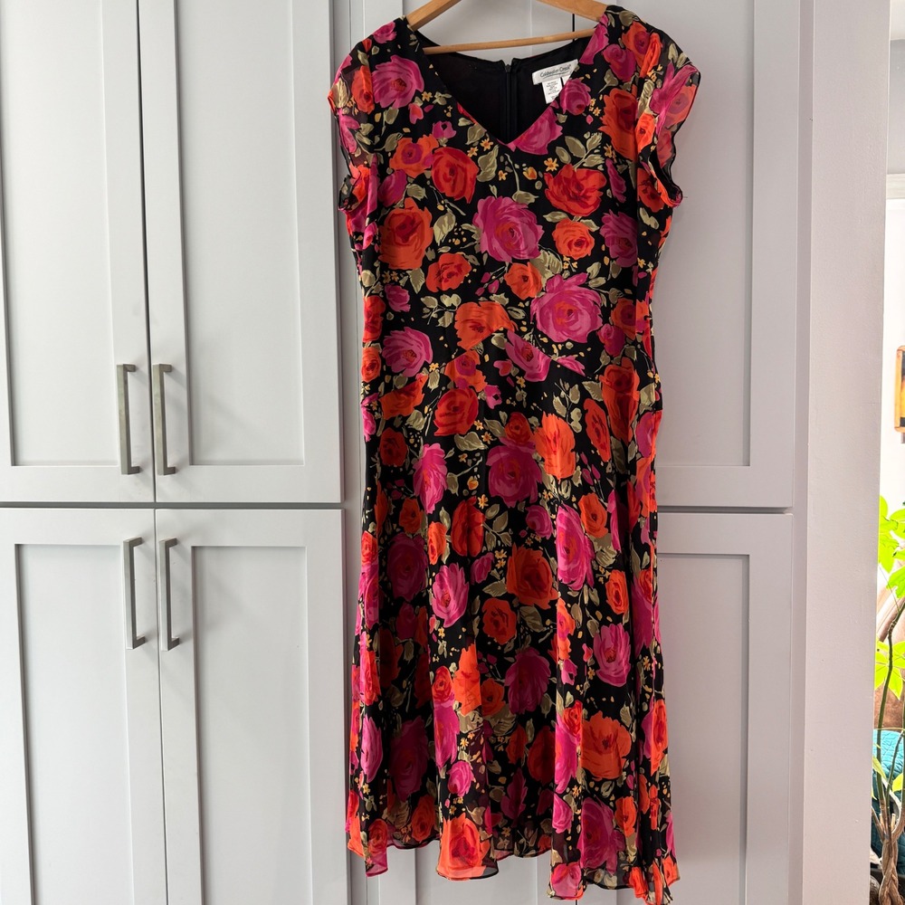 100% Silk Floral Midi Dress Pink Red Black Size 14 Derby Rose Cottage Romantic